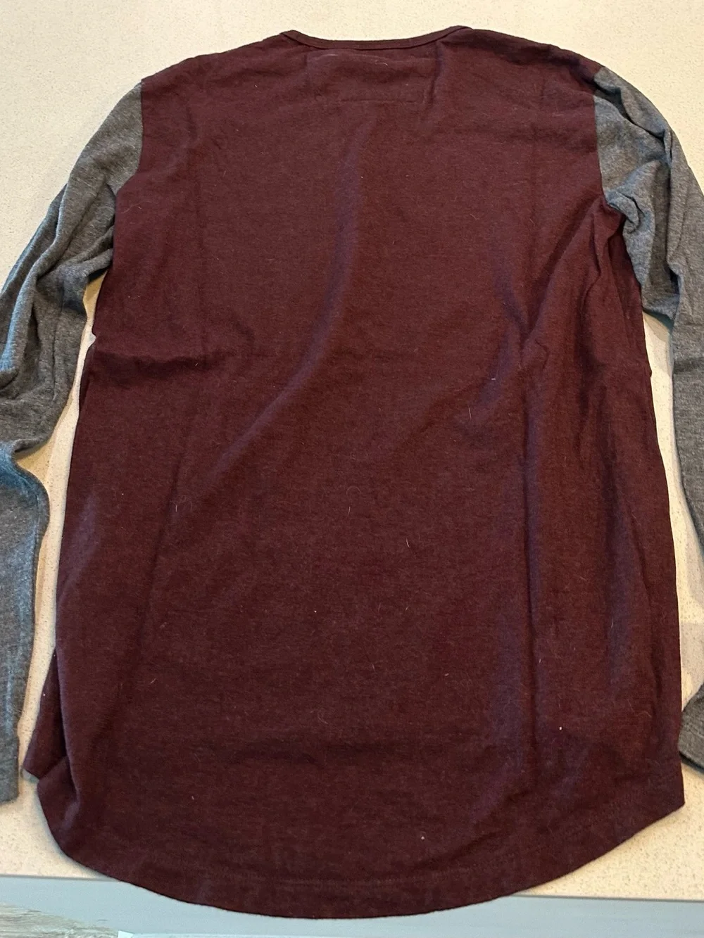 Banana Republic Men’s Colorblock Long-Sleeve Tee — Maroon Body with Gray Sleeves